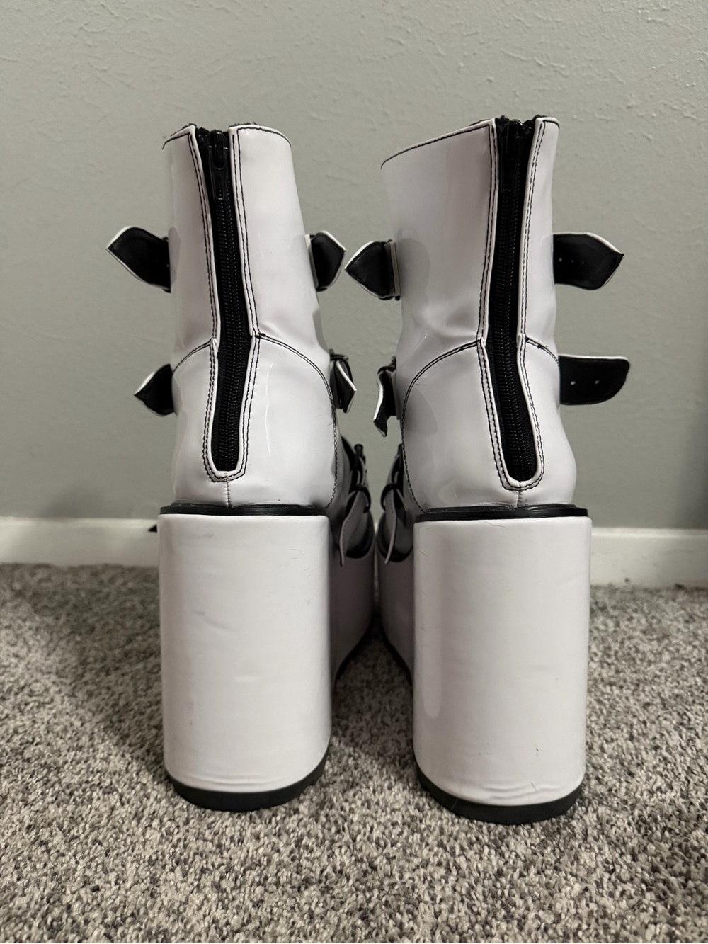 YRU White Platform Buckle Boots with Black Cross Accents - Picture 2 of 4